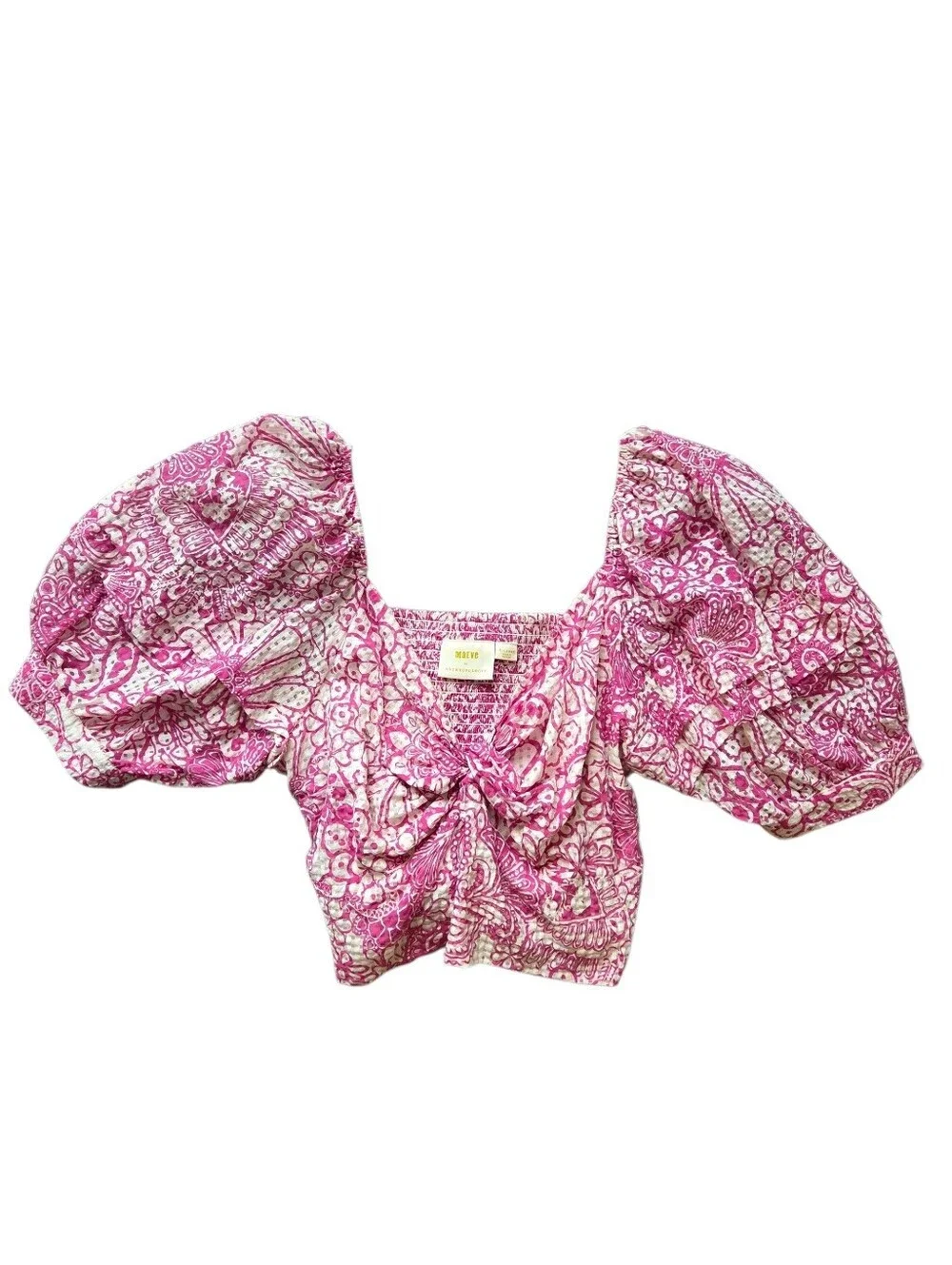 Maeve for Anthropologie Pink White Floral Smocked Wrap Puff-Sleeve Crop Top XL